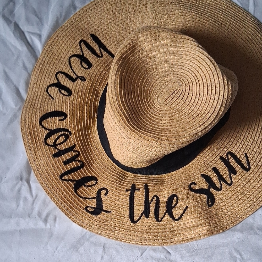 Tan Wide Brim Sun Hat with Black Text